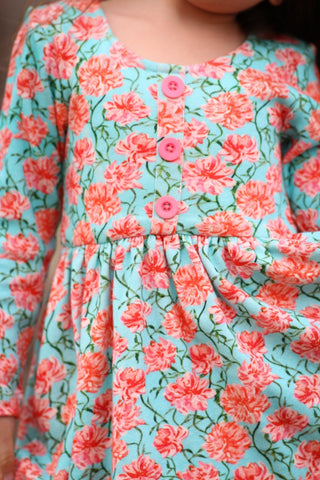 Aqua Floral Dixie Dress in Organic Cotton - Dresses - Twinflower Creations