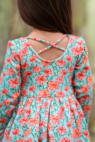 Aqua Floral Dixie Dress in Organic Cotton - Dresses - Twinflower Creations