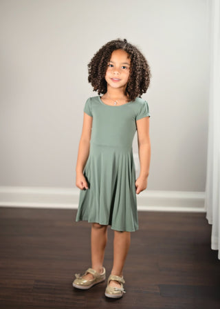 Cap Sleeve Twirl Dress in Sage Green - Dresses - Twinflower Creations
