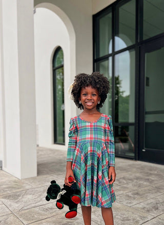 Christmas Plaid Puff Sleeve Twirl Dress - Dresses - Twinflower Creations