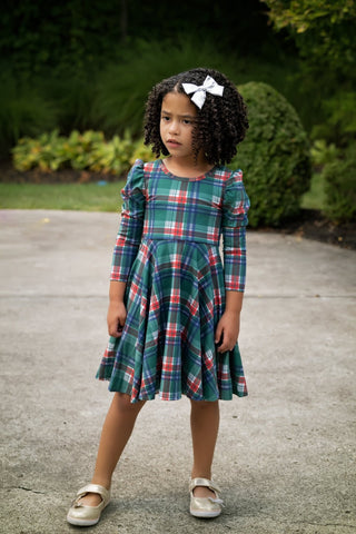 Christmas Plaid Puff Sleeve Twirl Dress - Dresses - Twinflower Creations