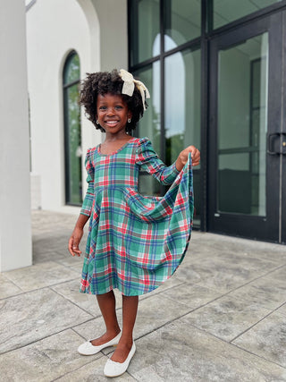 Christmas Plaid Puff Sleeve Twirl Dress - Dresses - Twinflower Creations
