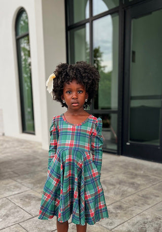 Christmas Plaid Puff Sleeve Twirl Dress - Dresses - Twinflower Creations