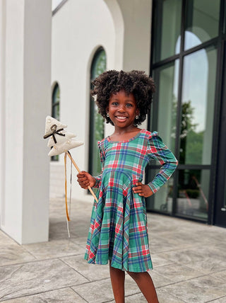 Christmas Plaid Puff Sleeve Twirl Dress - Dresses - Twinflower Creations