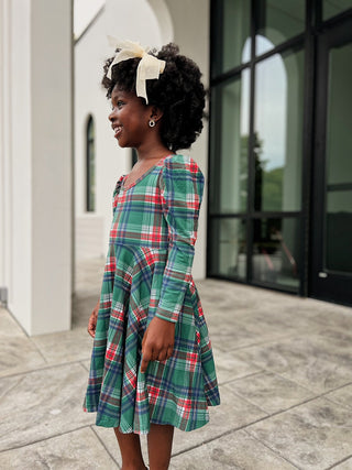 Christmas Plaid Puff Sleeve Twirl Dress - Dresses - Twinflower Creations