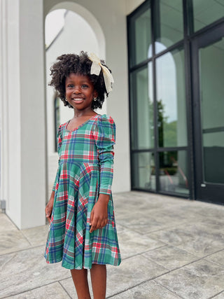 Christmas Plaid Puff Sleeve Twirl Dress - Dresses - Twinflower Creations