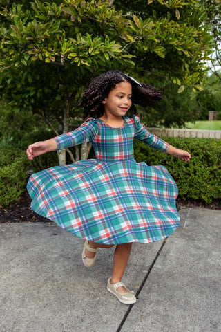 Christmas Plaid Puff Sleeve Twirl Dress - Dresses - Twinflower Creations