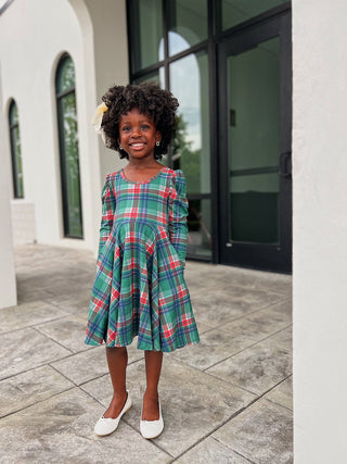 Christmas Plaid Puff Sleeve Twirl Dress - Dresses - Twinflower Creations