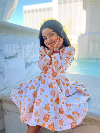 Gingerbread Village Puff Sleeve Twirl Dress - Dresses - Twinflower Creations