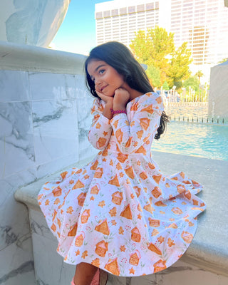Gingerbread Village Puff Sleeve Twirl Dress - Dresses - Twinflower Creations