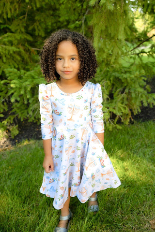 Organic Cotton Happy Hanukkah 3/4 Sleeve Twirl Dress - Dresses - Twinflower Creations