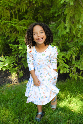Organic Cotton Happy Hanukkah 3/4 Sleeve Twirl Dress - Dresses - Twinflower Creations