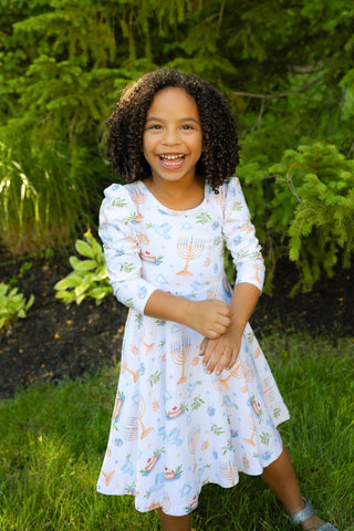 Organic Cotton Happy Hanukkah 3/4 Sleeve Twirl Dress - Dresses - Twinflower Creations