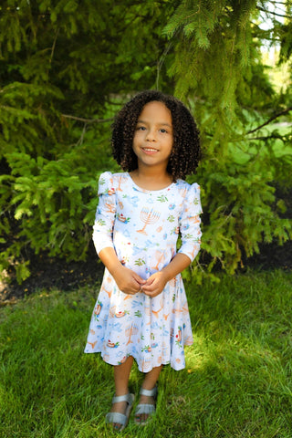Organic Cotton Happy Hanukkah 3/4 Sleeve Twirl Dress - Dresses - Twinflower Creations