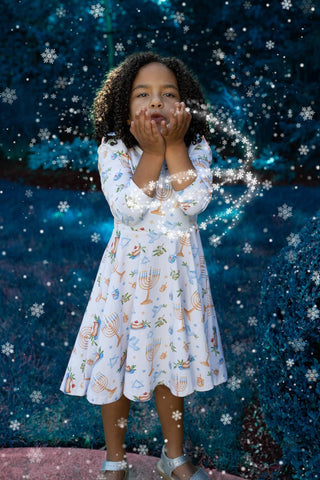 Organic Cotton Happy Hanukkah 3/4 Sleeve Twirl Dress - Dresses - Twinflower Creations