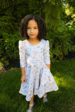 Organic Cotton Happy Hanukkah 3/4 Sleeve Twirl Dress - Dresses - Twinflower Creations