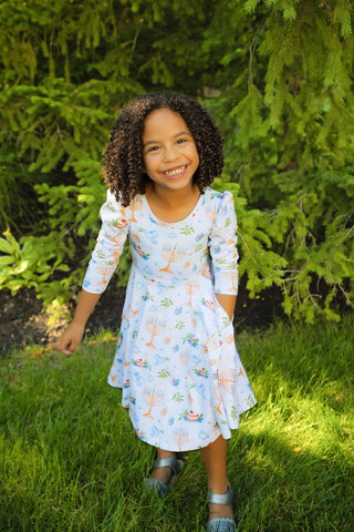 Organic Cotton Happy Hanukkah 3/4 Sleeve Twirl Dress - Dresses - Twinflower Creations