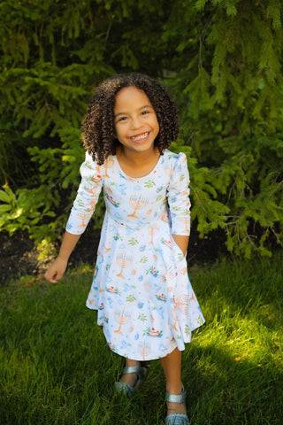 Organic Cotton Happy Hanukkah 3/4 Sleeve Twirl Dress - Dresses - Twinflower Creations