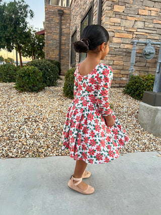 Poinsettias Puff Sleeve Twirl Dress - Dresses - Twinflower Creations