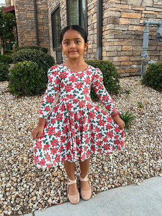 Poinsettias Puff Sleeve Twirl Dress - Dresses - Twinflower Creations